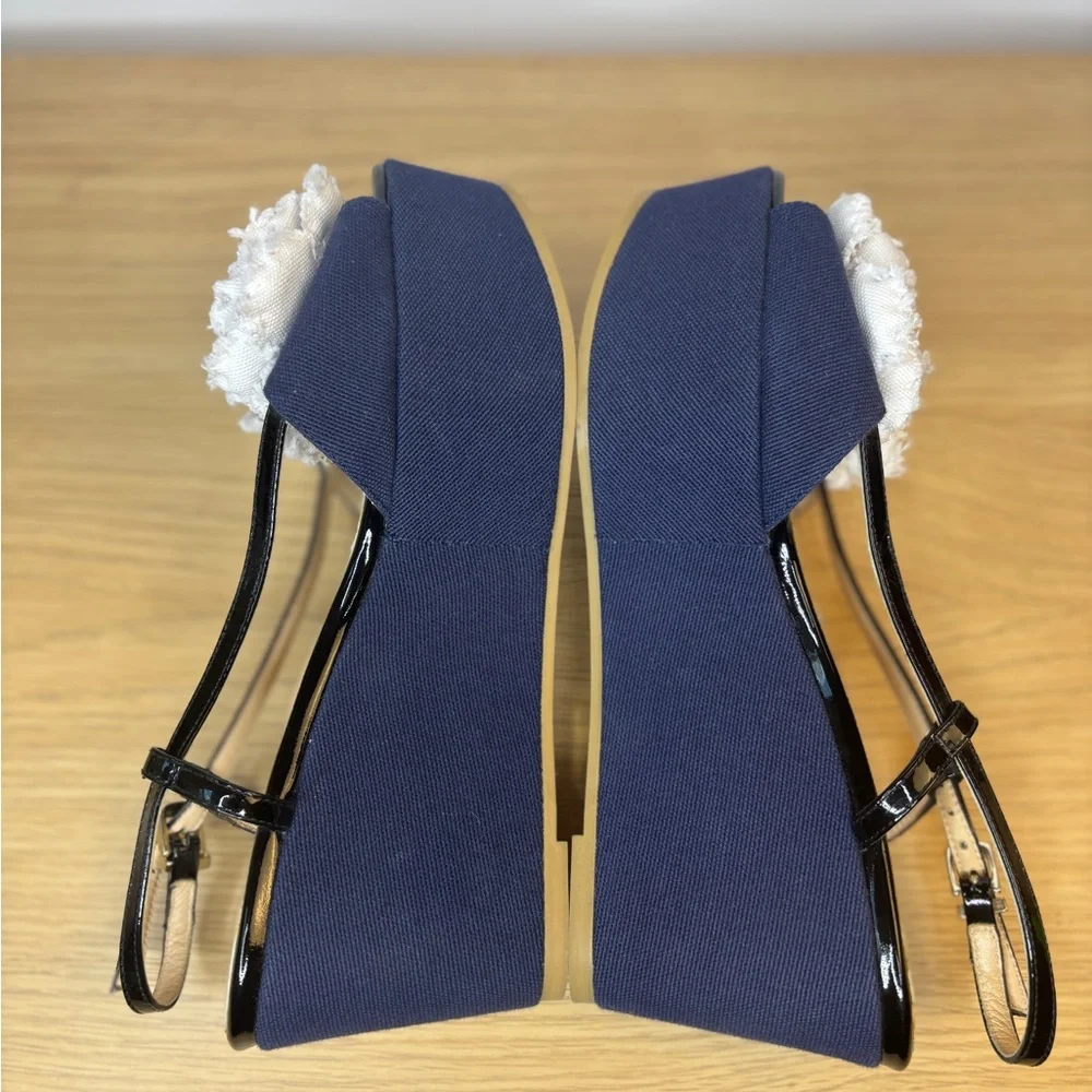 Paule Ka Women's Blue Denim Look and White With Black‎ Straps Wedge Sandals